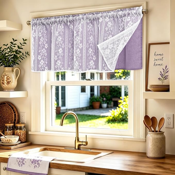 ASPMIZ Linen Valances for Windows Double Layer Valance Curtains with Lace Overlay, Purple Kitchen Curtains Light Filtering, Rod Pocket Window Valances for Living Room, Kitchen, Cafe, Bathroom, 52x18