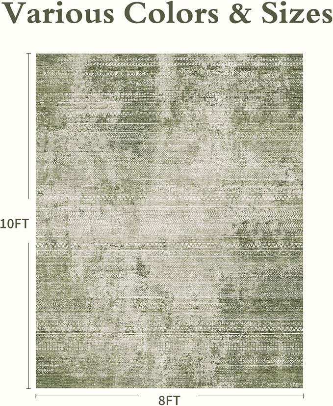 8x10 Area Rugs for Living Room Non Slip Machine Washable Rug Distressed Abstract Soft Indoor Carpet Neutral Boho Rug for Bedroom Dining Room Playroom Office, Green
