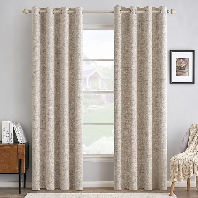 MIULEE 100% Blackout Linen Textured Curtains for Bedroom Solid Thermal Insulated Natural Grommet Room Darkening Curtains & Drapes Luxury Decor for Living Room 52 x 96 Inch (2 Panels)