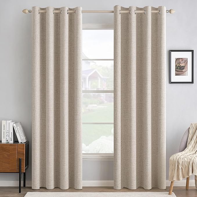 MIULEE 100% Blackout Linen Textured Curtains for Bedroom Solid Thermal Insulated Natural Grommet Room Darkening Curtains & Drapes Luxury Decor for Living Room 52 x 84 Inch (2 Panels)