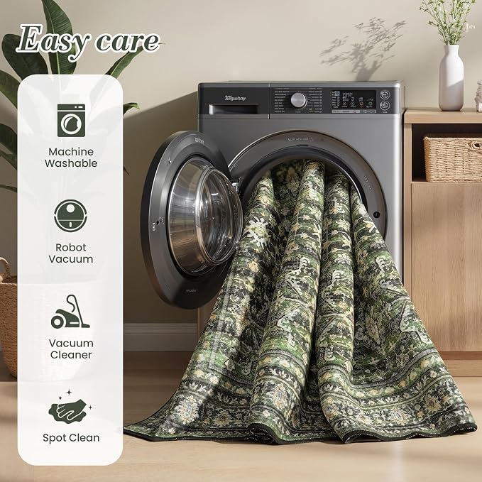 8x10 Area Rugs for Living Room, Vintage Washable Rugs, Soft Boho Non-Slip Low Pile Carpets, Large Area Rug for Dining Room Bedroom Farmhouse Home Indoor Nursery, Olive Green