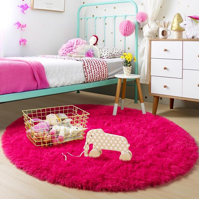 Hot Pink Round Circle Rug 6Ft for Girls Bedroom, Big Fluffy Area Rugs for Kids Room Decor Aesthetic, Shag Plush Fuzzy Furry Carpet for Living Room Nursery Dorm Classroom, Cute Teen Baby Preppy Rug