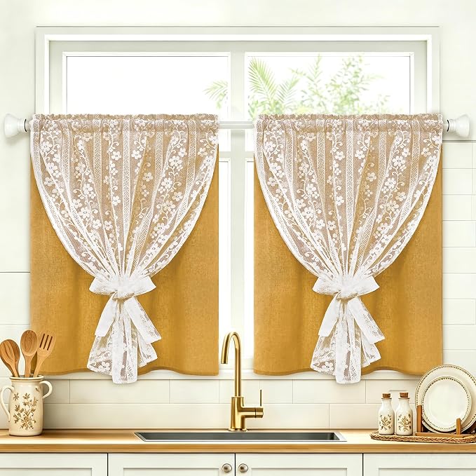 ASPMIZ Linen Kitchen Curtains Double Layer Kitchen Window Curtains Over Sink 36 Inch Mustard Yellow Tier Curtain Light Filtering Rod Pocket Cafe Curtain Short Window Treatments with 2 Tiebacks, 26x36