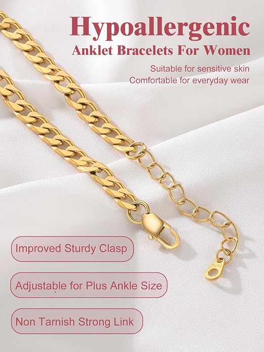 FOCALOOK 14K Gold Plated Anklets for Women Waterproof Plus Size Ankle Bracelet 8.5-10.5 Inch Adjustable Mariner/Figaro/Flat Snake/Cuban Link Chain Anklet Jewelry for Summer Beach Holiday