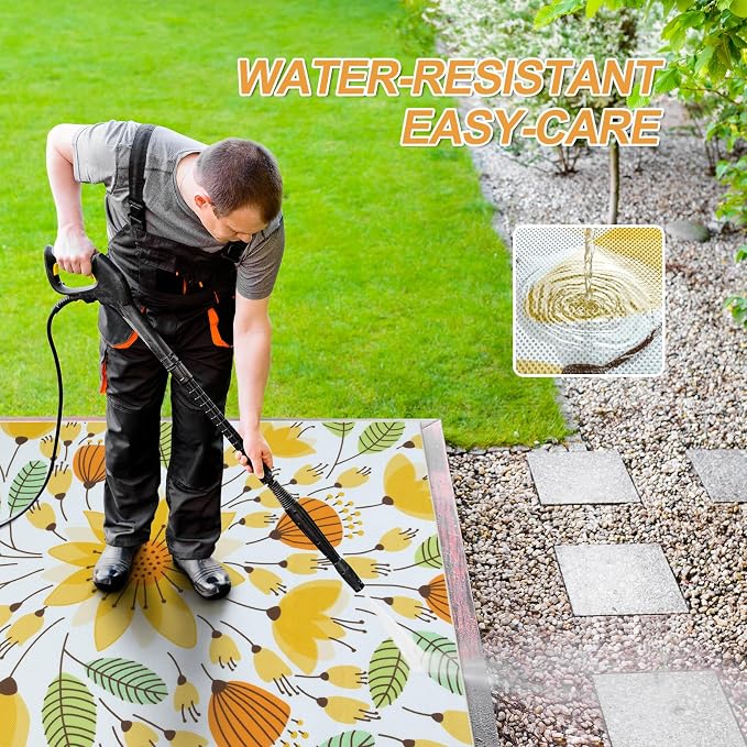 Lahome Floral Indoor Outdoor Rug, 6x9ft Non Slip Outdoor Patio Rug for Backyard Picnic, Soft Large Outdoor Camping Rugs for Balcony Deck, Washable RV Outdoor Rugs for Living Room Bedroom,Yellow