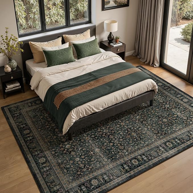 Large Area Rugs 9x12 Living Room, Vintage Floral Trellis Colorful Accents Bedroom Rug, Ultra Thin Non Slip Carpet Rug for Dining Room Under Table/Family Room/Guest Room