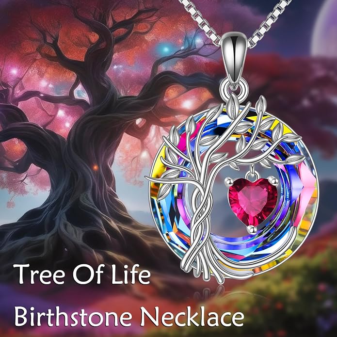 POPLYKE Mothers Day Gifts for Mom Her Wife Tree of Life Necklace 925 Sterling Silver Birthstone Pendant with Crystal Anniversary Birthday Wedding Jewelry for Women