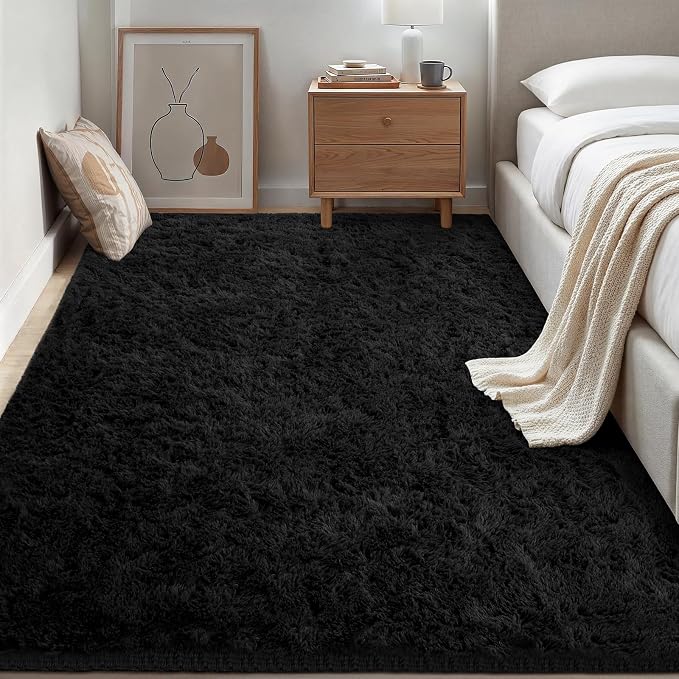 Area Rugs 9x12 Living Room Bedroom: Soft Fluffy Shag Rugs Upgrade Non-Slip High Pile Carpet Large Fuzzy Plush Indoor Floor Shaggy Carpets for Nursery Kid Playroom Office Dorms Home Decor Black