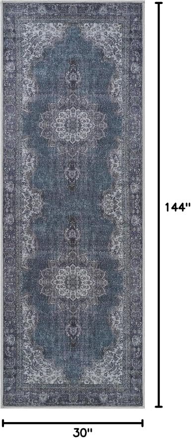Bloom Rugs Washable Non-Slip 12 ft Runner - Dark Teal Traditional Medallion Runner for Entryway, Hallway, Bathroom, and Kitchen - Exact Size: 2.5' x 12'