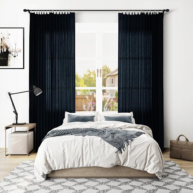 Navy Blue Pleated Linen Curtains 96 Inches Long for Living Room 2 Panel Set Semi Sheer Light Filtering Pinch Pleat with Hooks Back Tab Drapes Neutral Boho 96 Inch Curtain for Bedroom Window 40x96