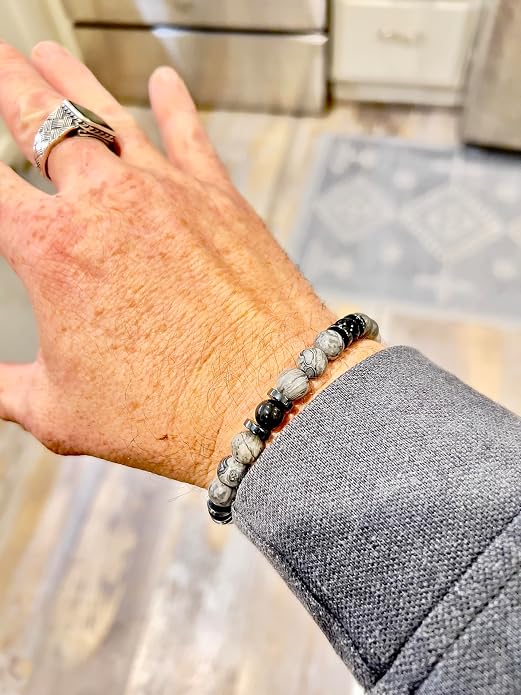 Mens Beaded Bracelet - Stone Jewelry, Black Onyx Hematite Bracelets, Mens Accessories, Adjustable