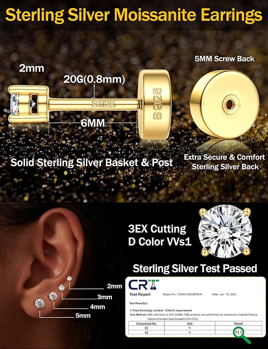 Moissanite Earrings for Men Women：Hypoallergenic Flat Back Earrings 925 Sterling Silver Stud Earring Small D Color VVS1 Moissanite 14K White Gold Plated Helix Cartilage Earring Studs Gift Jewelry