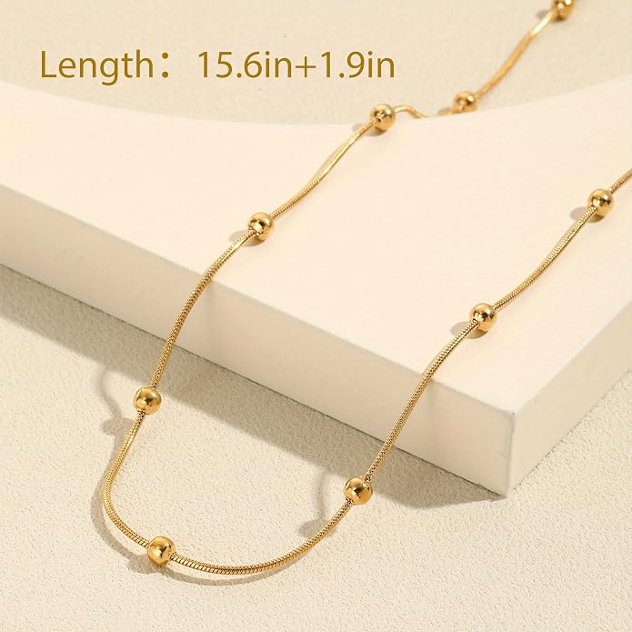 14K Gold Plated Necklace for Women 925 Sterling Silver Chain Satellite Choker Necklace with Round Bead Simple and Fashionable Design Graduation Father's Day Jewelry Gift for Her(Gold)