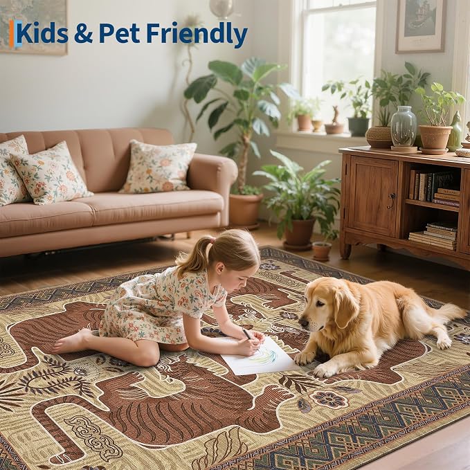 GarveeHome Tiger 5x7 Area Rugs, Boho Camel Washable Rugs for Living Room, Vintage Tribal Soft Animal Print Throw Rug Non Slip Ultra Thin Stain Resistant Floor Carpet for Office Bedroom