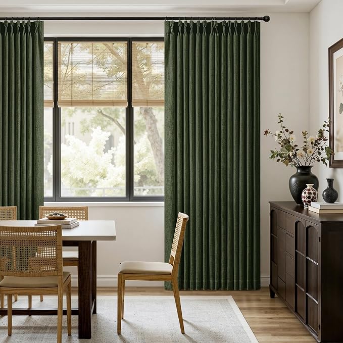 MIULEE Pinch Pleated Thick Linen Curtains 96 Inches Long 2 Panels for Living Room Bedroom, Memory Trained Pleat Drapes Light Filtering Loden Semi Sheer Window Curtains Hooks Rings Back Tab