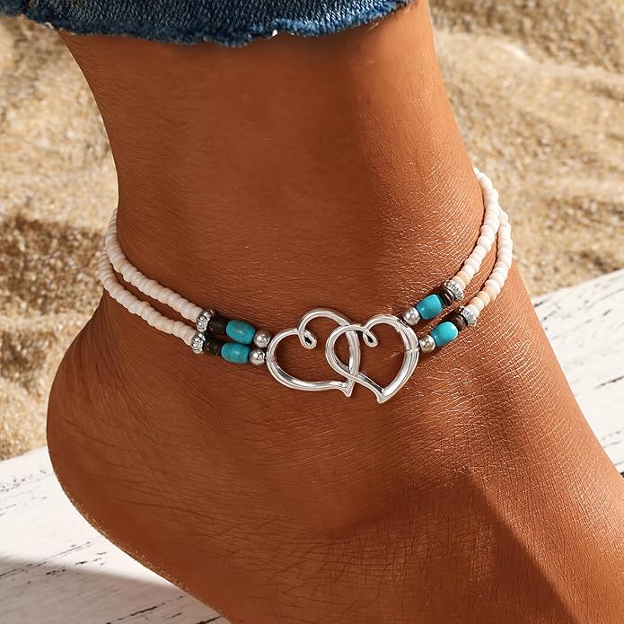 Qceasiy Shell Ankle Bracelet Set for Women, Gold Plated Boho Bead Adjustable Anklet, Hawaiian Beach Seashell Pearl Heart Starfish Conch Foot Jewelry Gifts