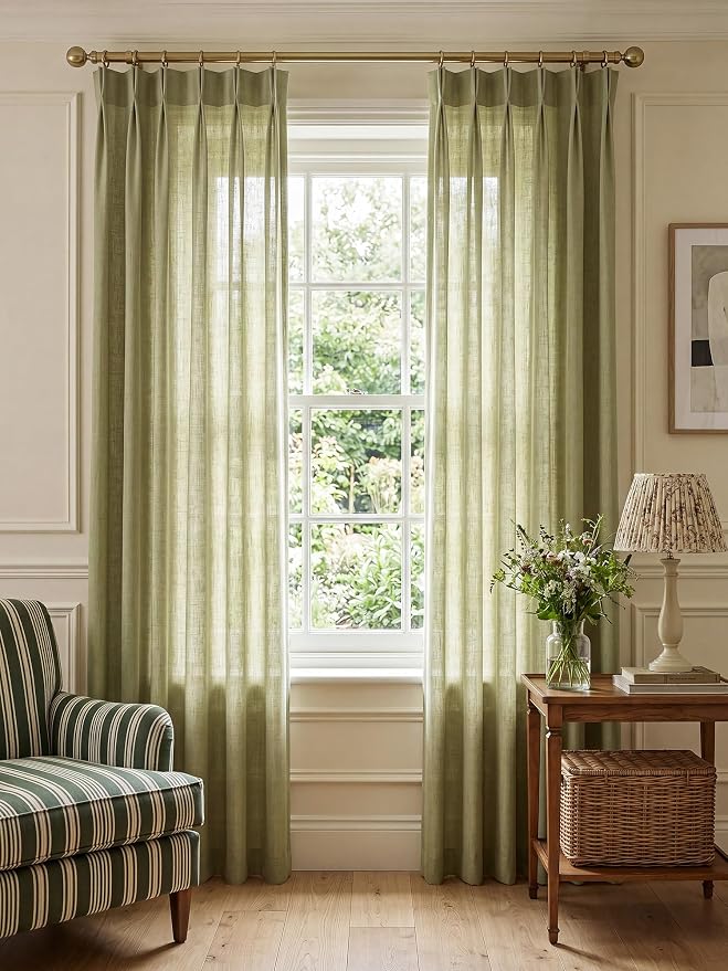 Liz Pinch Pleated Linen Curtains Light Filtering Curtains for Living Room, Farmhouse Window Curtains for Bedroom, Modern Drapes with Hooks and Rings, 102 Inches Long, Olive Green, 2 Panels Set