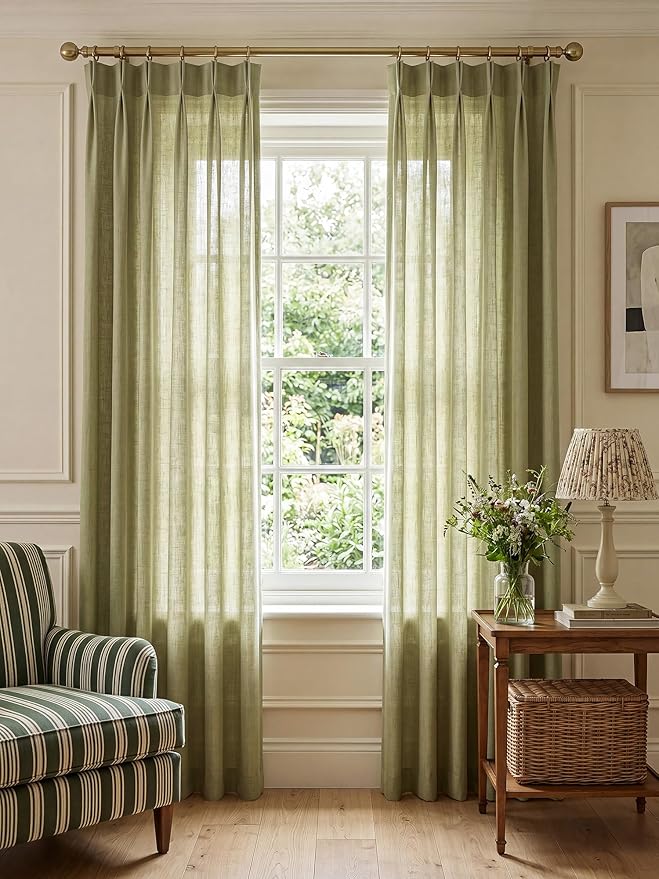 THREE GIRLS Pinch Pleated Linen Curtains 84 Inch Length 2 Panels, Light Filtering Linen Blend Drapes 40" W x 84" L, Olive Green Neutral Curtains for Living Room Bedroom with Hooks