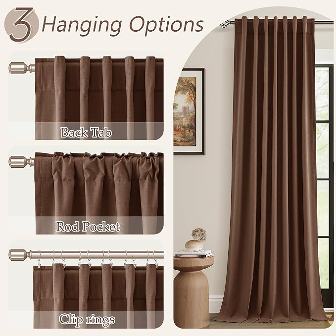 Rustic Brown 100% Blackout Linen Curtains 84 Inch Length 2 Panels Set for Living Room Bedroom Back Tab Thermal Insulated Black Out Drapes Room Darkening Farmhouse Style for Bedroom Window Curtains