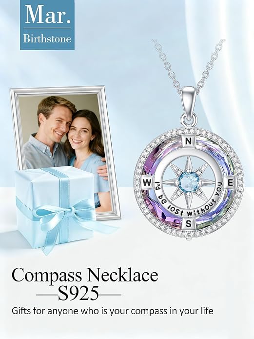 TOUPOP Necklace Gifts for Wife Compass Jewelry Women Anniversary Girlfriend Birthday Gift for Her Valentines I'd be Lost without You Sterling Silver Birthstone Necklaces