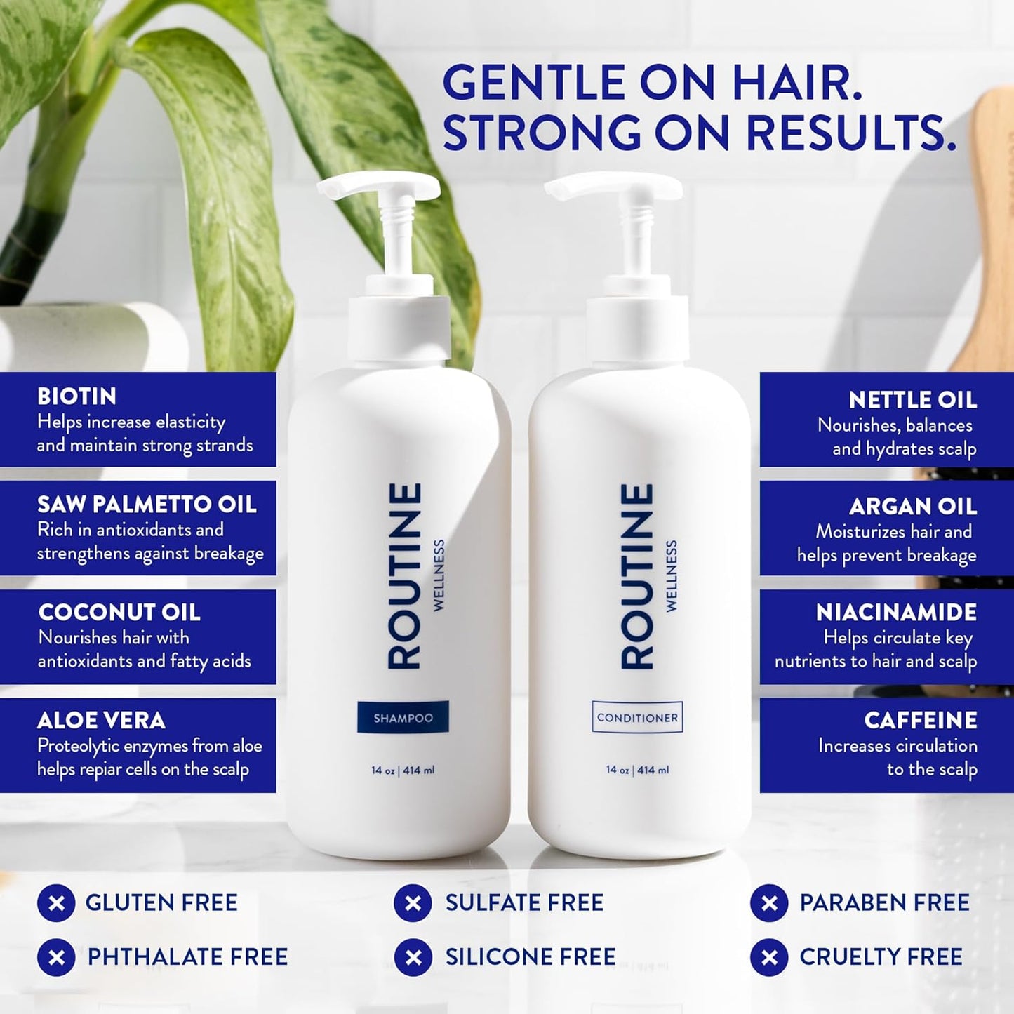 Routine Wellness Anti-Thinning Shampoo and Conditioner Set for Thinning Hair - Biotin DHT Blocker Women & Men - Color Safe Shampoo for Hair Loss & Healthier Hair - Coconut & Vanilla (Pack of 2)