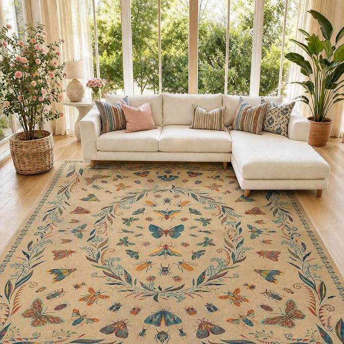 Washable Living Room Rug 8x10, Brown Blue Area Rugs for Bedroom Under Bed, Dining Room Under Kitchen Table, Kids Room, Playroom, Large Modern Boho Carpet, Ultra Soft Stain Resistant Colorful Decor