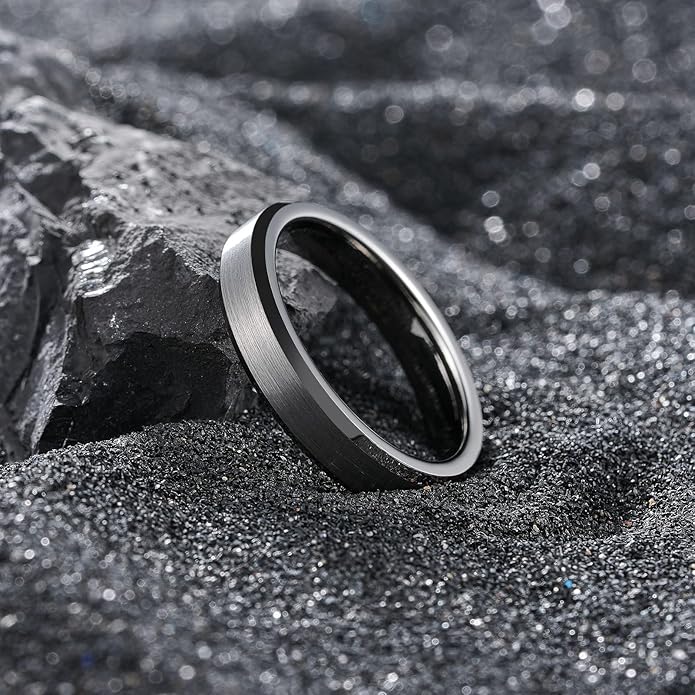 King Will Tungsten Men's Wedding Ring - Available in 6mm to 10mm, Black/Silver, Matte Finish, Beveled Polished Edge, Comfort Fit