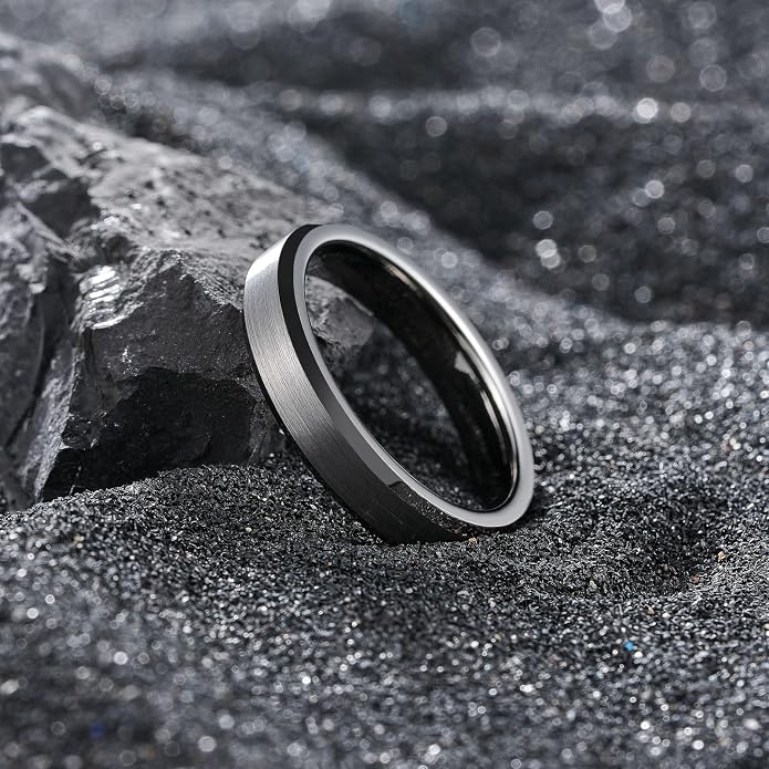King Will Tungsten Men's Wedding Ring - Available in 6mm to 10mm, Black/Silver, Matte Finish, Beveled Polished Edge, Comfort Fit