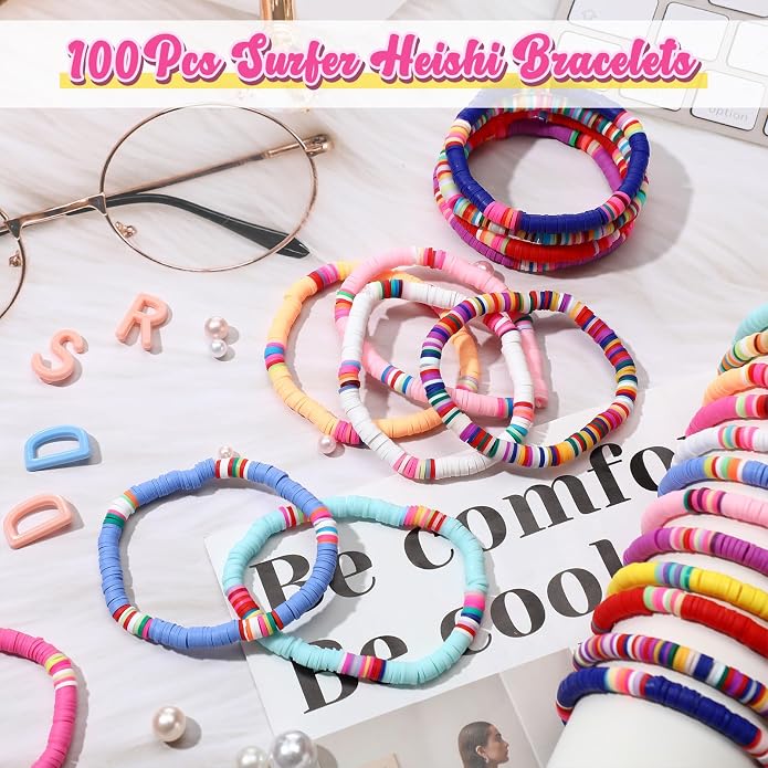 Equsion 100 Pcs Preppy Friendship Bracelets for Women Heishi Surfer Clay Stackable Bead Easter Boho Y2k Bracelets Gifts