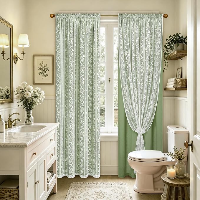 ASPMIZ Linen Curtains for Living Room Double Layer Curtains with Linen Lace, Sage Green Curtain for Bedroom Light Filtering, Rod Pocket Drapes 84 Inch Length 2 Panels Set with 2 Tiebacks, 52x84