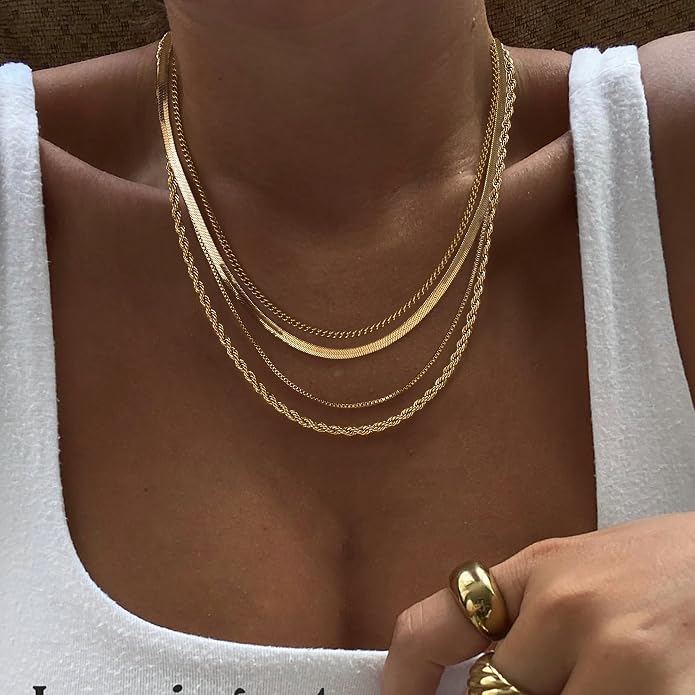 Tewiky Layered Necklaces for Women Non Tarnish- Chunky 14k Gold Plated Herringbone/Snake/Rope/Box/Cuban Link Chain for Women Waterproof Layering Stack Choker Necklace Trendy Dainty Tarnish Free Jewelry Set