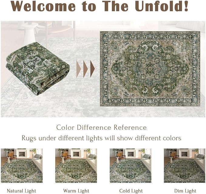 LUXRUG Area Rugs 9x12 Living Room - Large Washable Moss Green Boho Rugs for Bedroom Soft Vintage Rug Ultra-Thin Farmhouse Oriental Carpet Stain Resistant Rug for Dining Room Guest Room Home Decor