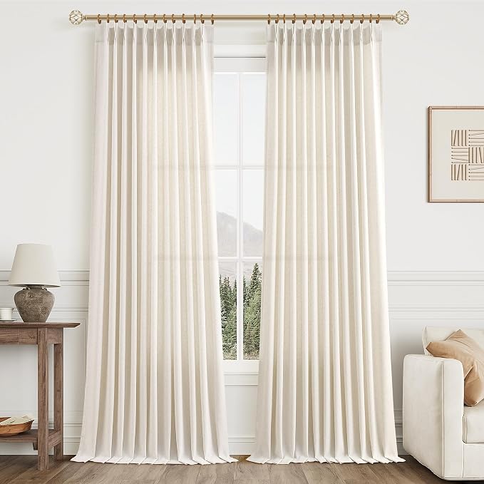 Aersas Natural Pinch Pleat Linen Curtains 108 Inch Length 2 Panels Set for Bedroom Dining Room Semi Sheer Linen Boho Farmhouse Neutral Window Curtains 108 Inches Long for Living Room Nursery 60x108