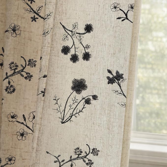 Black Floral Embroidered Linen Blend Curtains for Bedroom, 84 Inch Light Filtering Spring Farmhouse Vintage Drapes for Living Room Rod Pocket, Set of 2 Panels