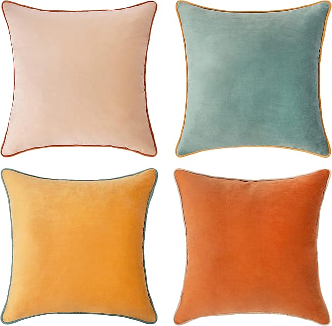 MONDAY MOOSE Decorative Throw Pillow Covers Cushion Cases, Set of 4 Soft Velvet Modern Double-Sided Designs, Mix and Match for Home Decor, Pillow Inserts Not Included (14x14 inch, Orange/Teal)