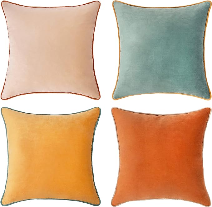 MONDAY MOOSE Decorative Throw Pillow Covers Cushion Cases, Set of 4 Soft Velvet Modern Double-Sided Designs, Mix and Match for Home Decor, Pillow Inserts Not Included (22x22 inch, Orange/Teal)