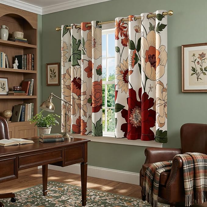 jinchan Beige Boho Floral Blackout Curtains 63 Inch Grommet 2 Panels | Room darkening, Vintage, living room, bedroom, privacy, floral print, flower pattern, fall decor, window treatments