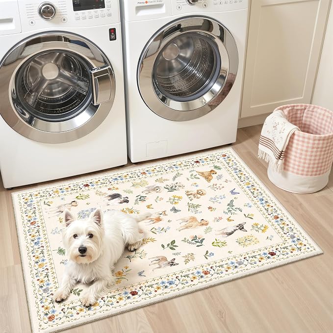 Soalmost 2x3 Dog Rugs for Entryway, Washable Door Mat Animal Soft Rug Beige | Floral Small Cute Area Rug Non-Slip Low Pile Throw Rugs for Entrance Kitchen Indoor Front Door Kids Room 2' x 3'