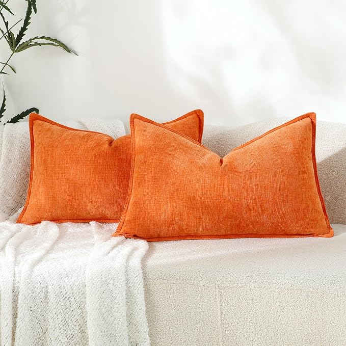Stellhome Lumbar Chenille Throw Pillow Covers Set of 2 Super Soft Textured Decorative Pillow Covers Accent Solid Cushion Cover for Couch Sofa Bedroom Living Room 12x20 Inch, Orange