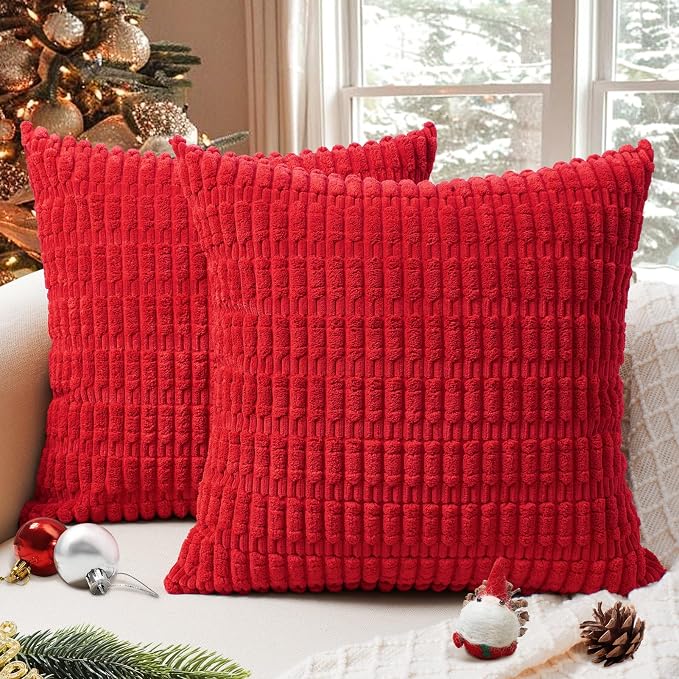 Softalker Corduroy Throw Pillow Covers 22x22 Set of 2, Soft Plush Decorative Square Cushion Cases for Living Room Couch Sofa, Modern Farmhouse Boho Home Decor, Red