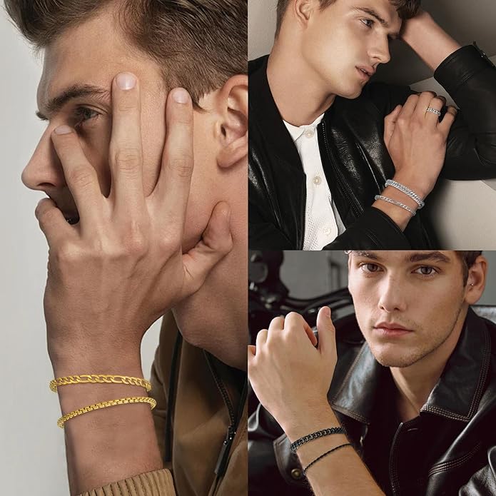 XIANNVXI 6pcs Bracelets for Men Gifts for Him Stainless Steel Bracelet Silver/Gold/Black Cuban Link Rope Paperclip Chain Bracelets Set 6.5/7/7.5/8.3/9 Inches Metal Bracelet Mens Fashion Accessories Jewelry Gifts Set