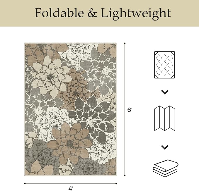 GENIMO 4x6 Outdoor Rug, Washable for Porch and Patio, Coffee Beige | Floral design for balcony; fade resistant chenille with quick-dry non-slip backing for deck and indoor space