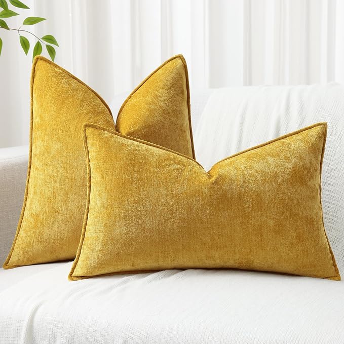 decorUhome Chenille Mineral Yellow Throw Pillow Covers 18x18 Set of 2 | Fall Soft Couch Decorative Modern Velvet Pillow Cases with Elegant Design for Sofa Bed Living Room Home Decor