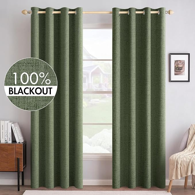 MIULEE 100% Blackout Linen Textured Curtains for Bedroom Solid Thermal Insulated Olive Green Grommet Room Darkening Curtains & Drapes Luxury Decor for Living Room 52 x 108 Inch (2 Panels)