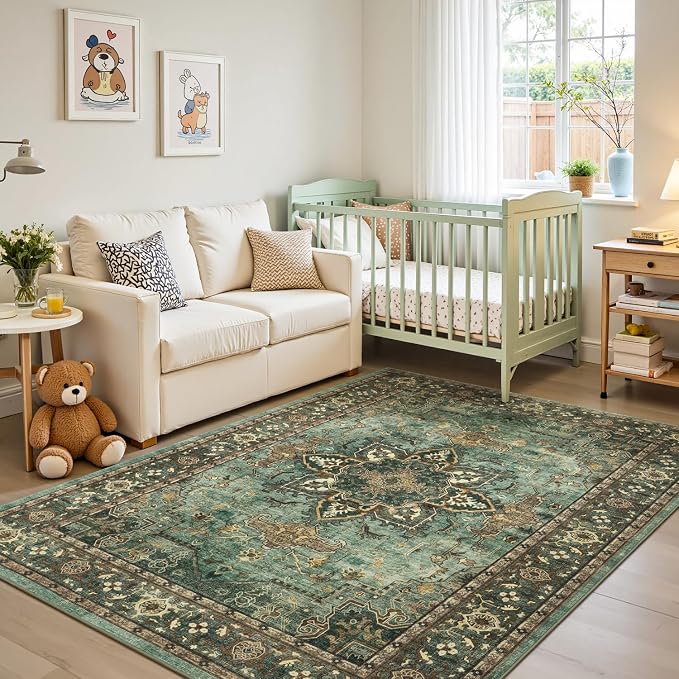 5x7 Green Brown Area Rugs for Living Room - Vintage Boho Medallion Aesthetic Distressed Washable Rug, Soft Non-Slip Backing Low Pile Carpet for Office, Lounge, Bedroom Foot of Bed