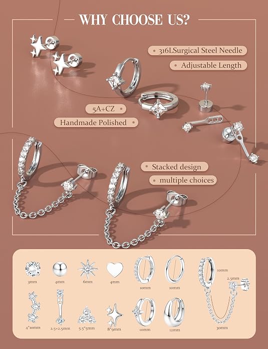 Florideco Flat Back Earrings Hypoallergenic Surgical Steel Earrings for Women Trendy Cartilage Chain Earring 14K Gold Plated Star Heart CZ Flatback Stud Earring Sets for Multiple Piercing