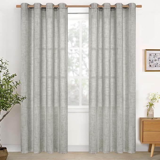 YoungsTex Dark Grey Linen Curtains 84 Inch Length 2 Panels with Grommet | Light Filtering Drapes Semi Sheer Privacy Textured for Living Room Bedroom, 52 X 84 Inch