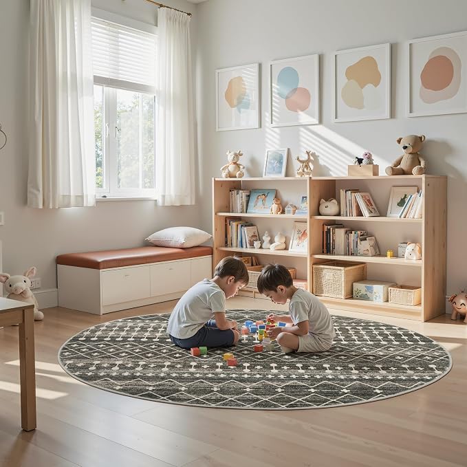 Miukiki Round Rugs 8ft Washable Moroccan Circle Rug for Living Room Non Slip Indoor Floor Carpet Foldable Area Rug for Dining Room with Low PileBlack,8'x8'