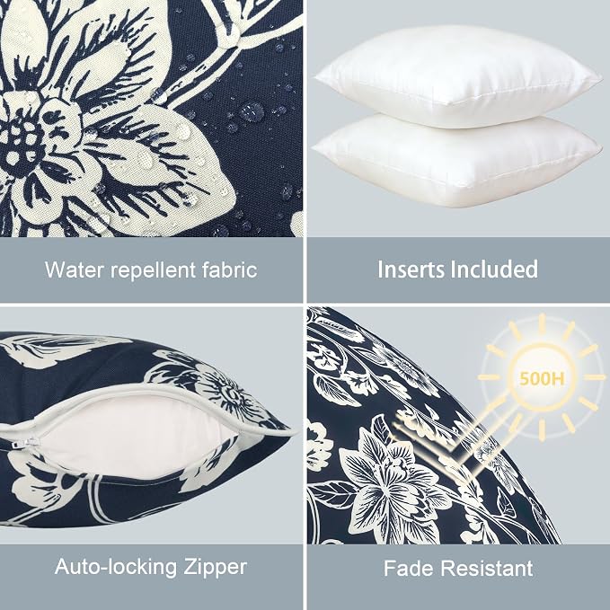 LVTXIII Outdoor/Indoor Throw Pillows, Decorative Patio Accent Pillows, Fluffy Water Repellent Garden Cushions for Home Patio Coach Sofa Use, 16×16 Inch, Pack of 2, Elegant Vines Navy