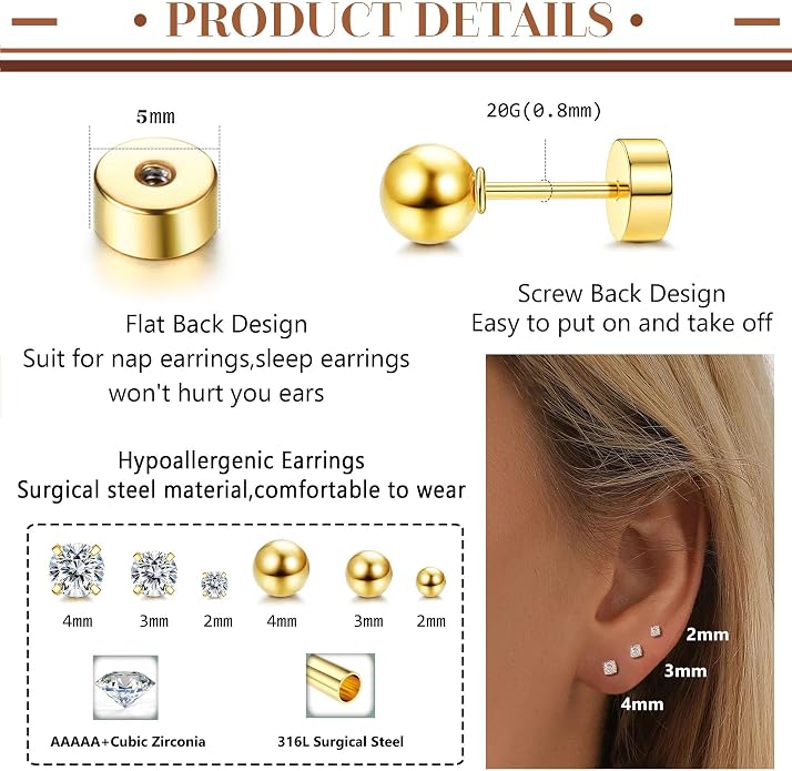 LOLIAS Small Hypoallergenic Flat Back Stud Earrings for Women Men 14K Gold Plated Surgical Stainless Steel Earring Sets Tiny Screw Back Cartilage Earrings for Sensitive Ears